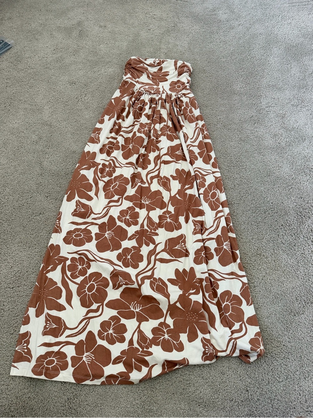 Cinnamon Girl Strapless Floral Maxi Dress in Brown and Cream